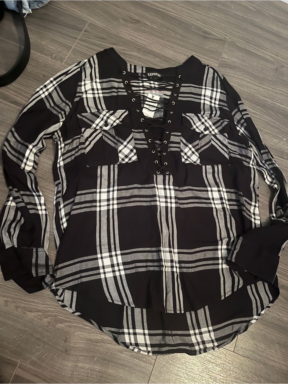 Express Black and White Plaid Lace-Up Long Sleeve Top